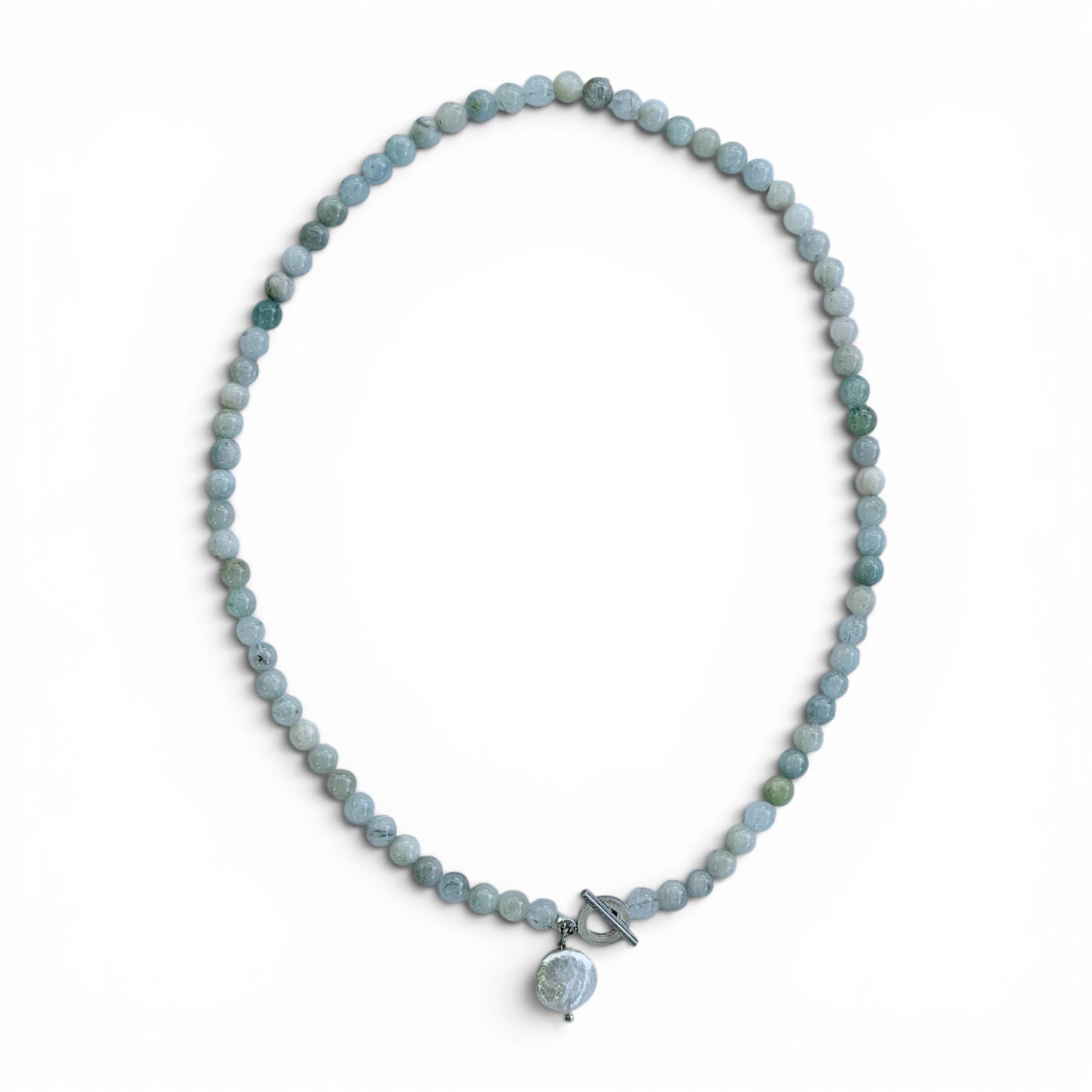 Handcrafted Neptune aquamarine and freshwater coin pearl necklace in sterling silver