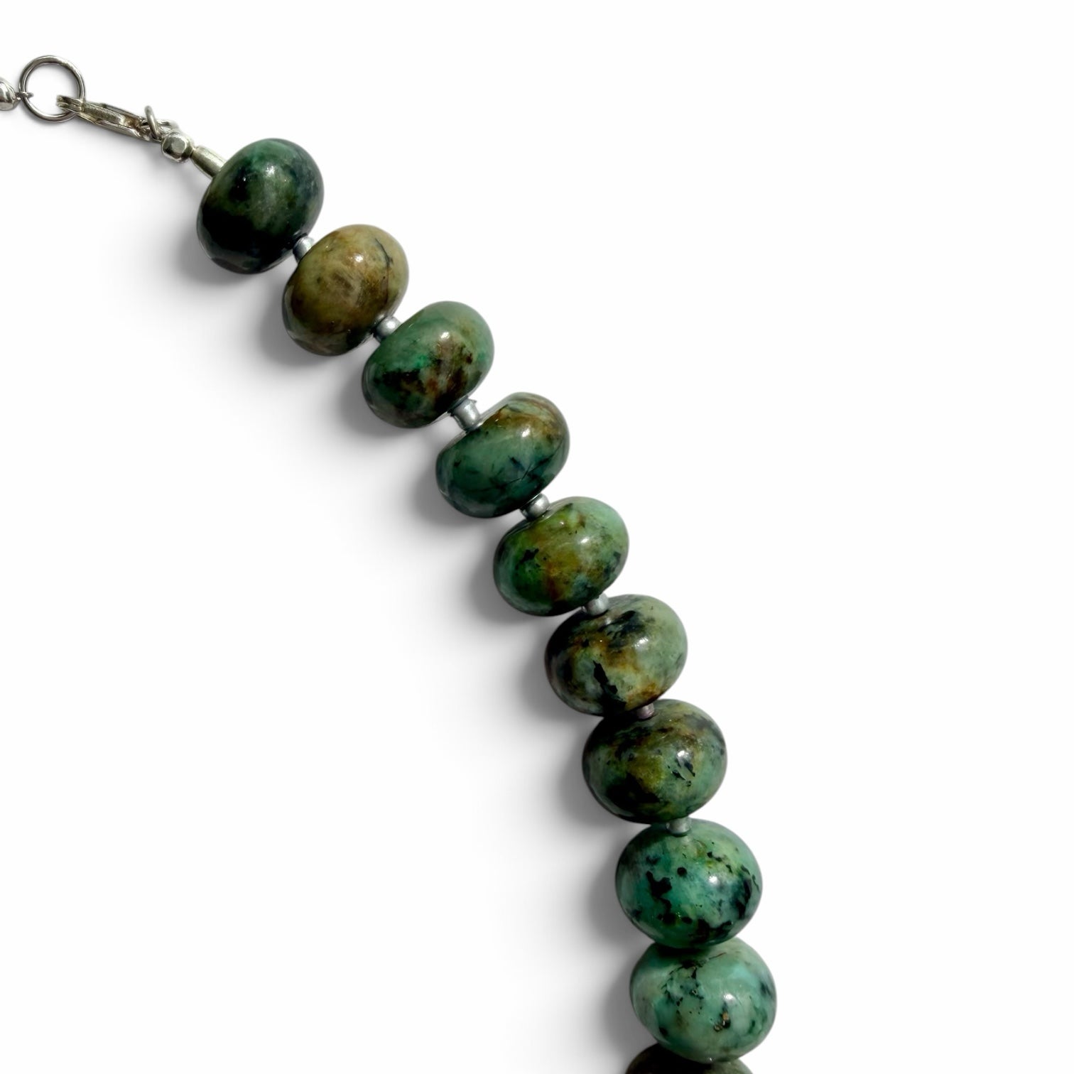 OTTO & NOVA natural stone beaded necklace featuring polished disc-shaped beads in forest green and moss tones.