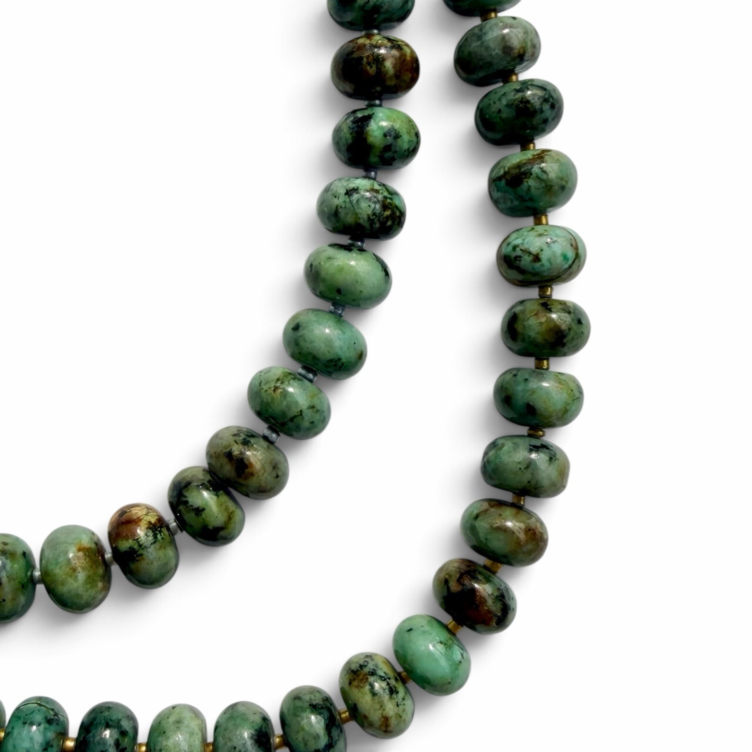 OTTO & NOVA natural stone beaded necklace with textured disc-shaped beads in forest green and charcoal tones.