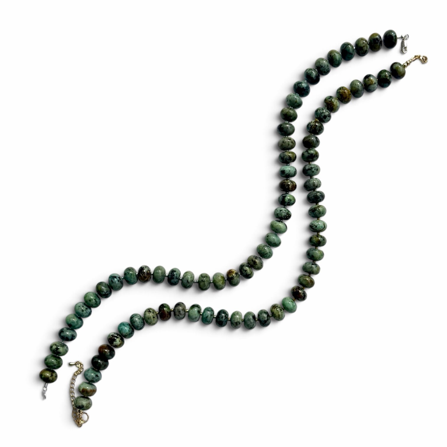 OTTO & NOVA natural stone beaded necklace featuring textured disc-shaped beads in forest green and charcoal tones.