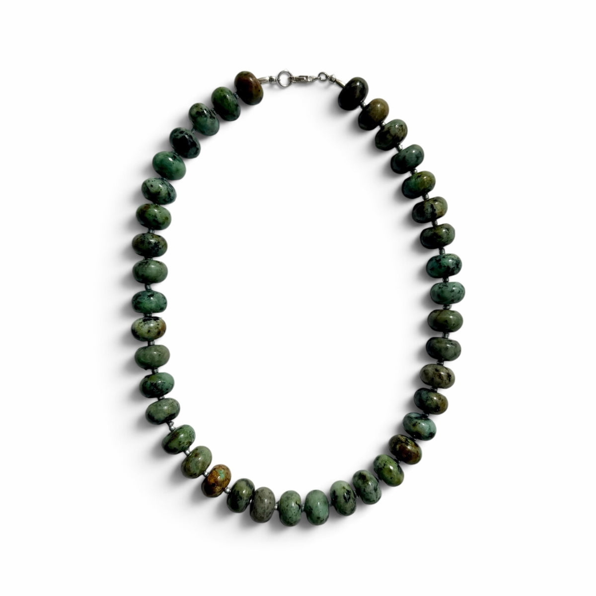 OTTO & NOVA natural stone beaded necklace featuring disc-shaped beads in forest green, moss, and charcoal tones.