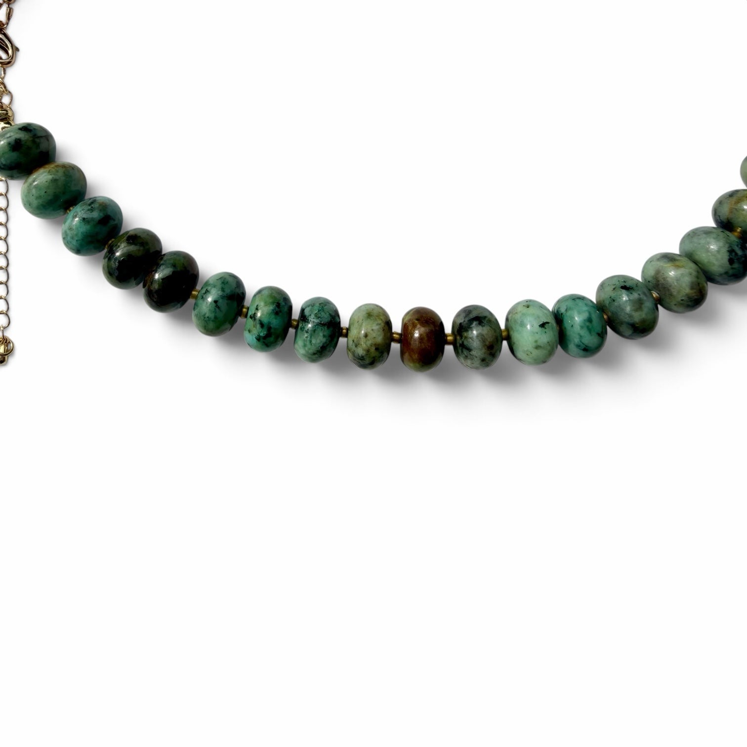 OTTO & NOVA natural stone beaded necklace featuring disc-shaped beads in forest green and moss tones with metal clasp.