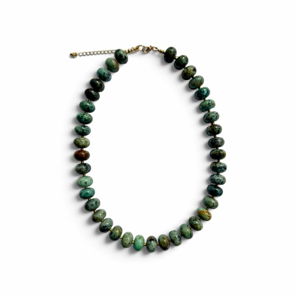 OTTO & NOVA natural stone beaded necklace featuring forest green and charcoal disc beads with an adjustable gold clasp.