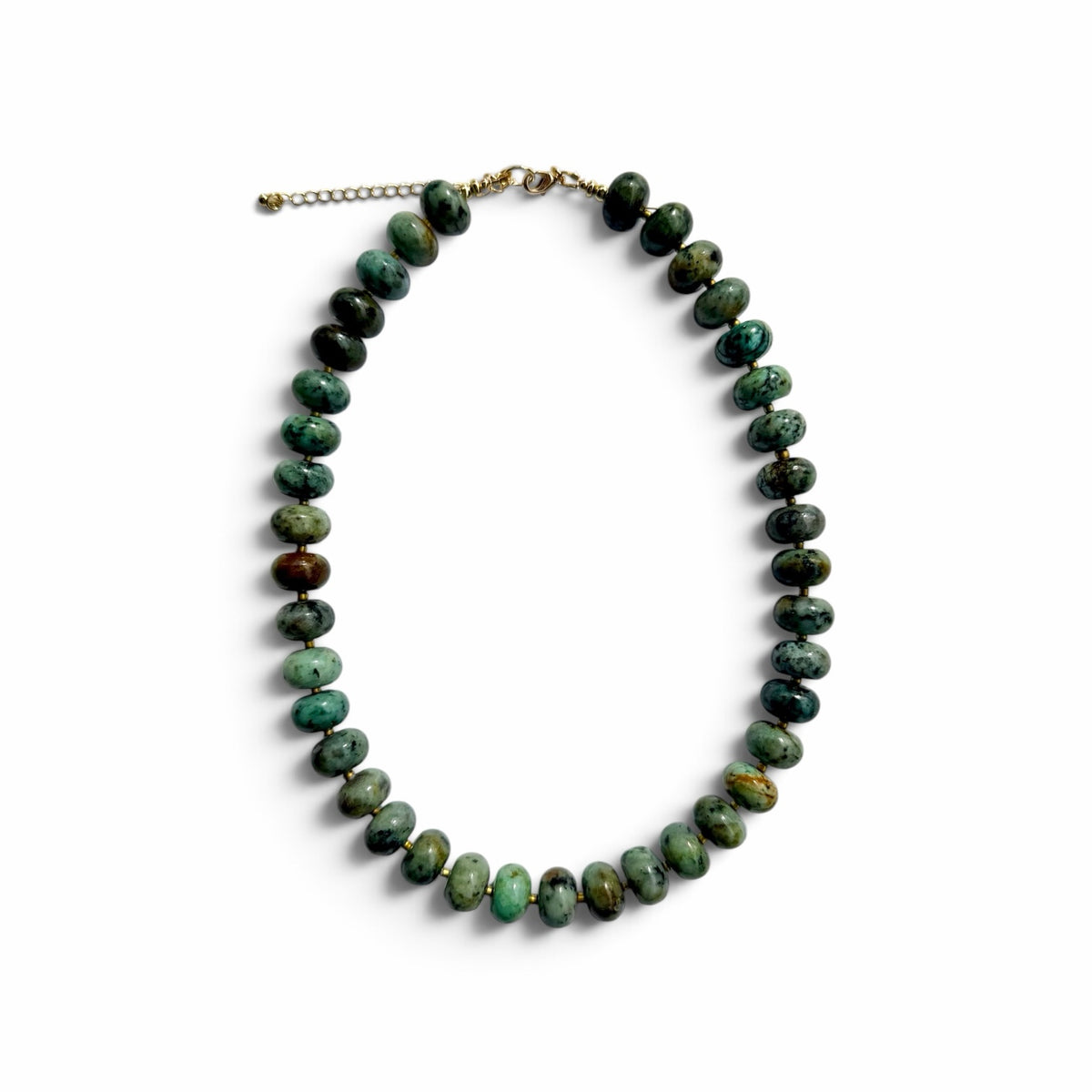 OTTO & NOVA natural stone beaded necklace featuring forest green and charcoal disc beads with an adjustable gold clasp.